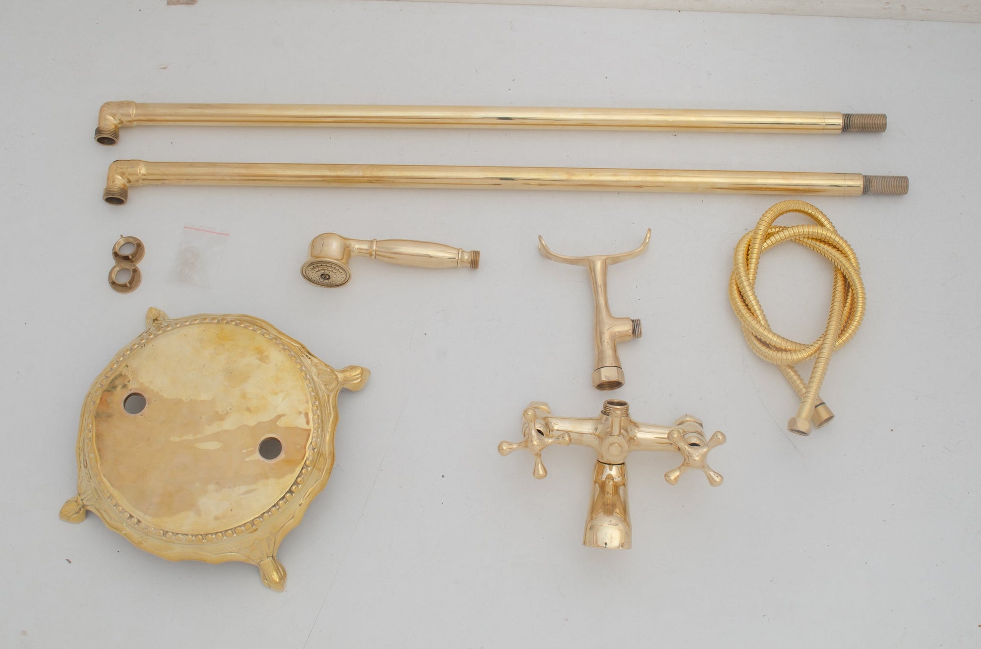 Unlacquered Brass Freestanding Tub Filler, Solid Brass Tub Faucet With Handheld, Floor Mount Bathtub Faucet - Insideast