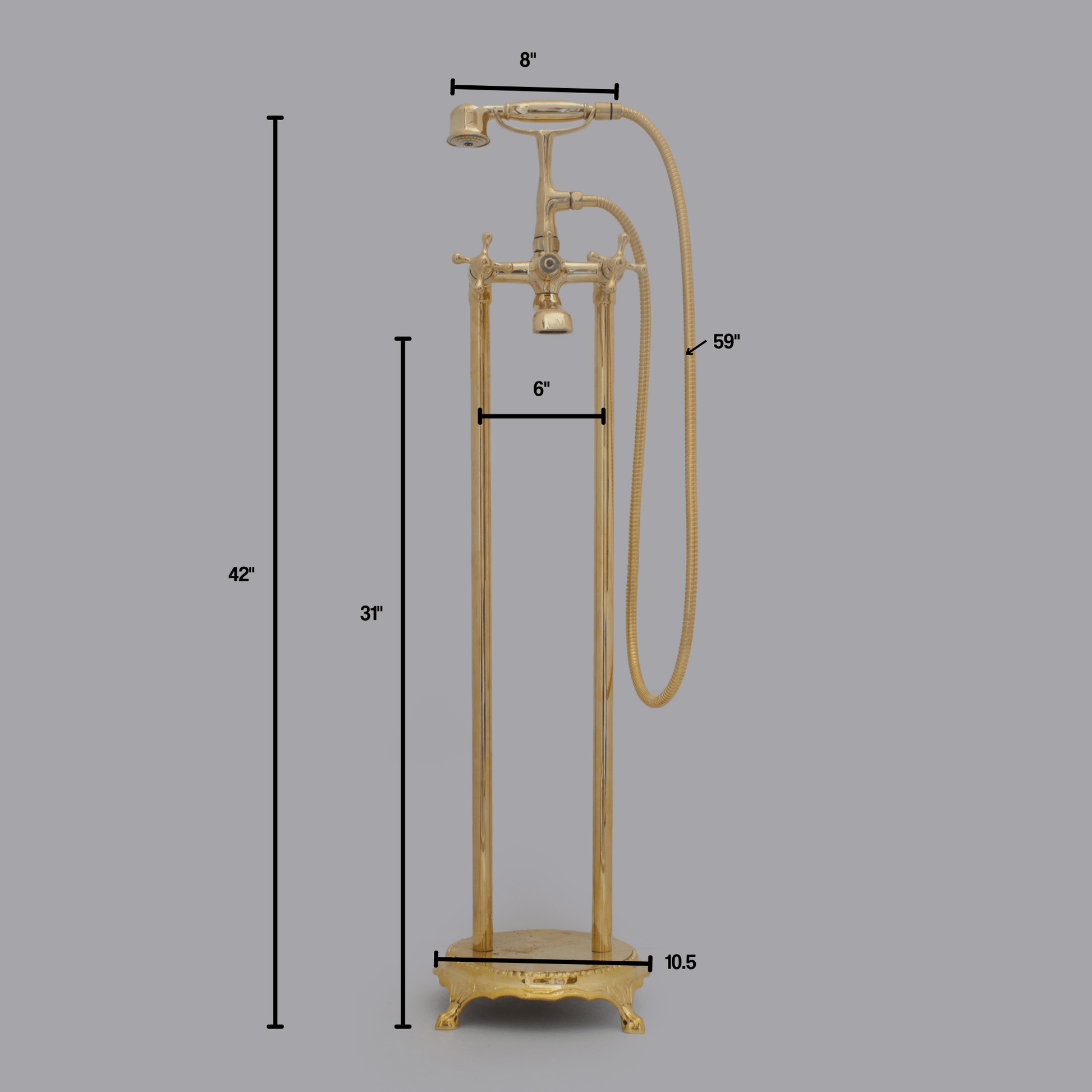 Unlacquered Brass Freestanding Tub Filler, Solid Brass Tub Faucet With Handheld, Floor Mount Bathtub Faucet - Insideast