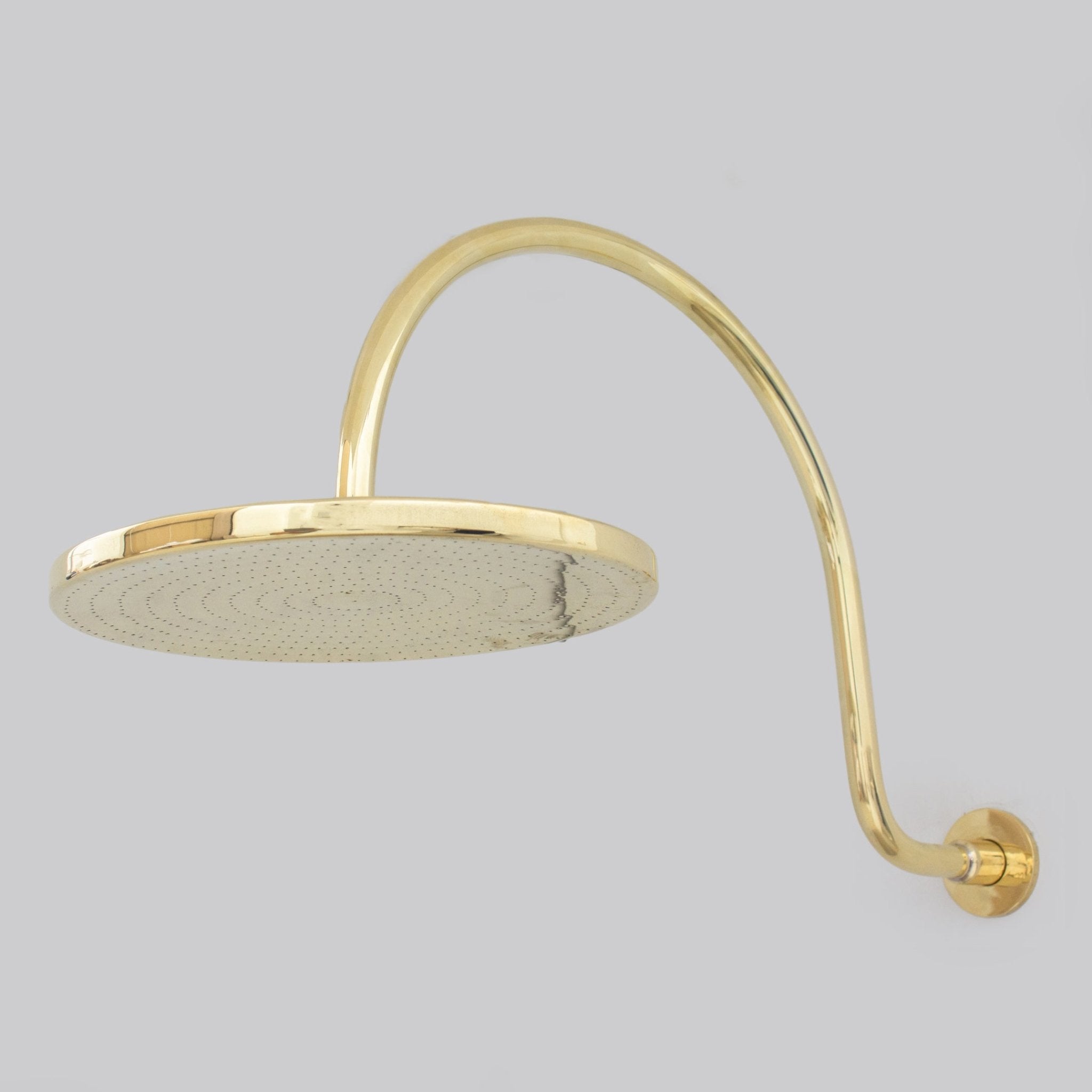 Unlacquered Brass Gooseneck Shower Arm With Rainfall Showerhead, Solid Brass Wall Mounted Shower Arm - Insideast
