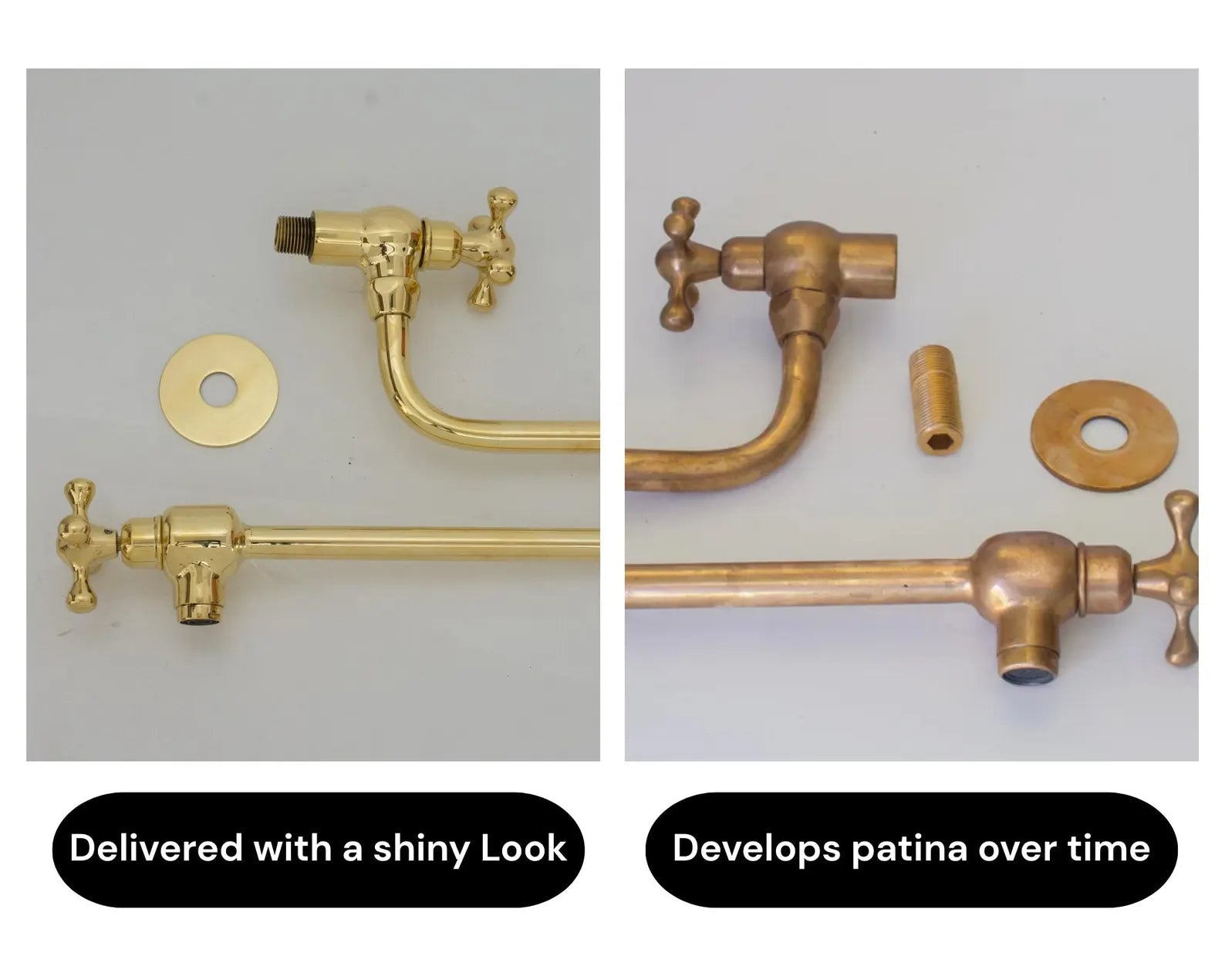 Unlacquered brass pot filler shown at two stages: delivered bright and polished, then with warm developed patina after use near the hob