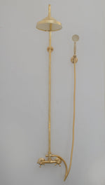Load image into Gallery viewer, Unlacquered Brass Shower System - Exposed Pipe Rain Shower and Handheld
