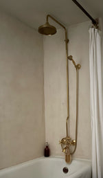 Load image into Gallery viewer, Unlacquered Brass Shower System - Tub Filler Exposed Pipe Rain Shower and Handheld

