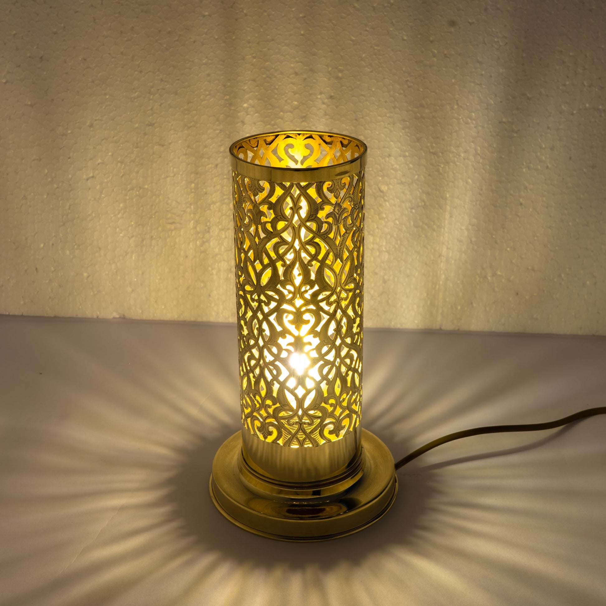 Unlacquered Brass Table Light, Pierced Bedside Lamp, Brass Cylinder Base Lamp - Insideast