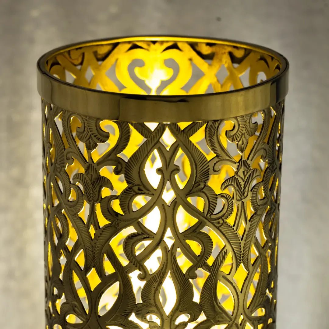 Unlacquered Brass Table Light, Pierced Bedside Lamp, Brass Cylinder Base Lamp - Insideast