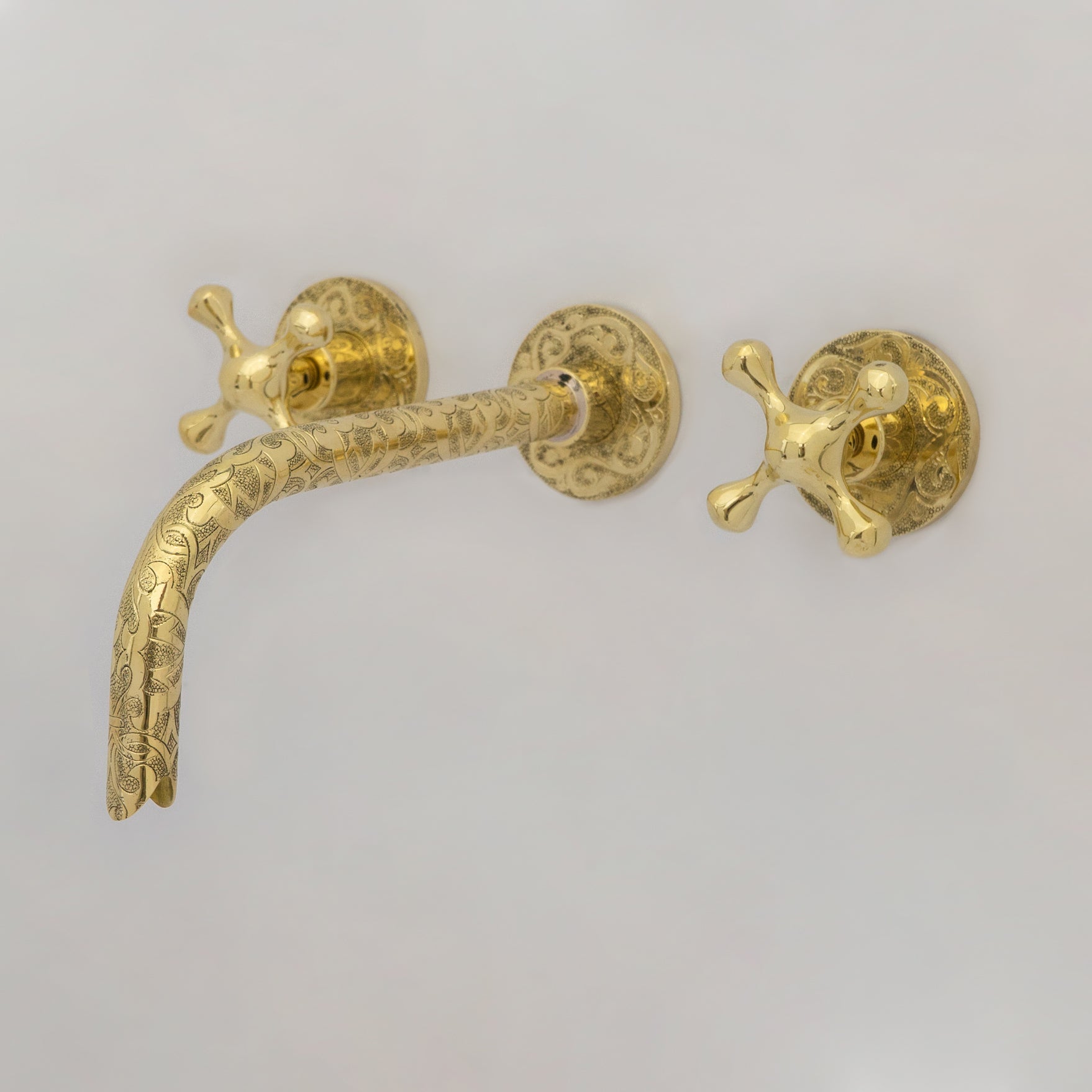 Unlacquered Brass Vintage Wall Mounted Bathroom Faucet with Gold Engraved Finish & Cross Handles - Insideast