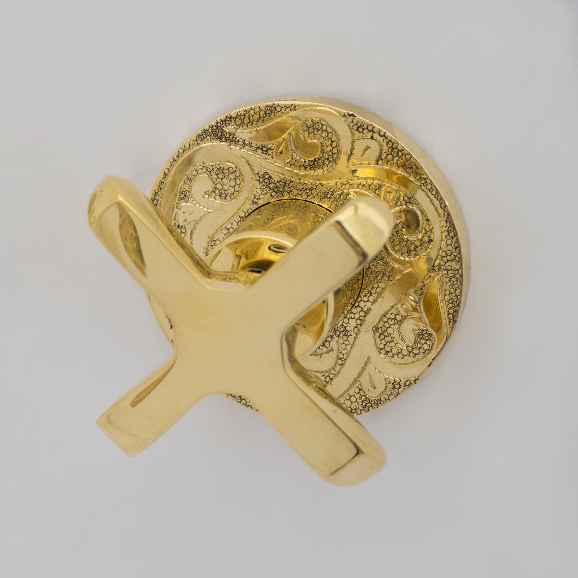Unlacquered Brass Vintage Wall Mounted Bathroom Faucet with Gold Engraved Finish & Cross Handles - Insideast