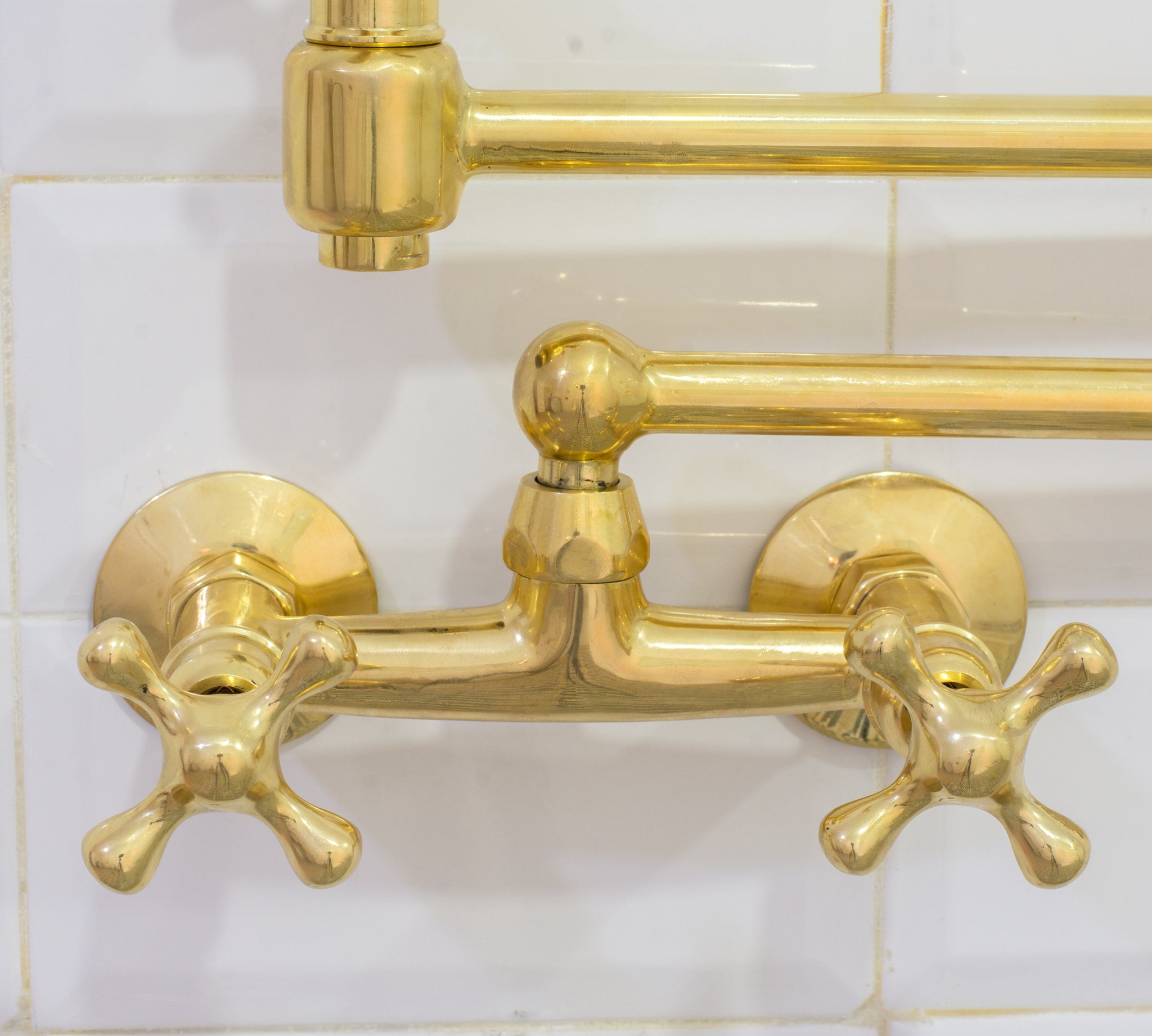 Unlacquered Brass Wall Mount Faucet, Brass Kitchen Faucet, Dual Handle Faucet - Insideast