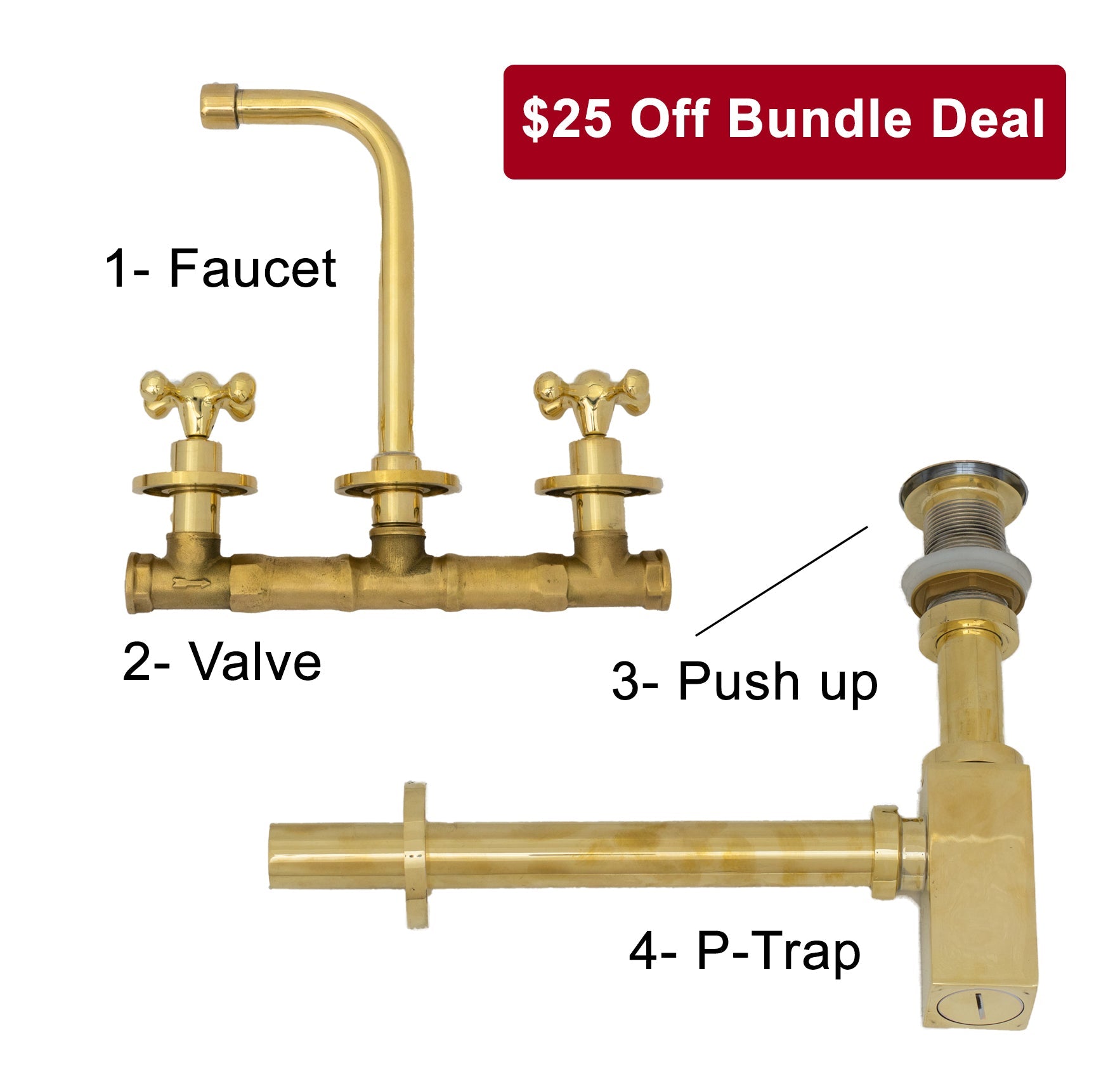 Wall mounted faucet bundle with valve, P-trap and push-up drain