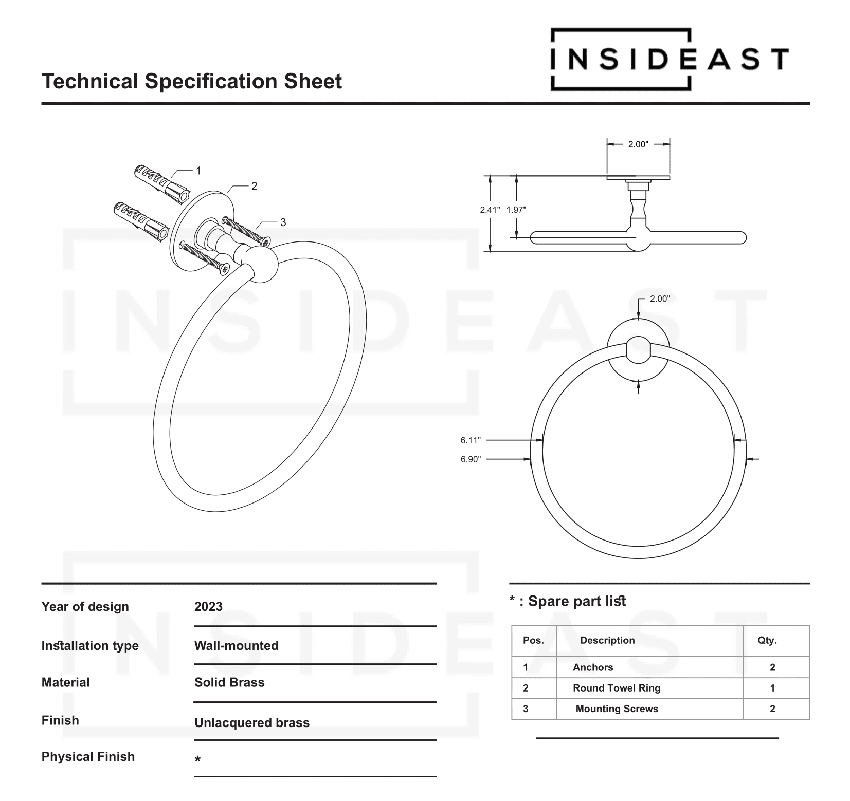 Unlacquered Brass Wall - Mounted Towel Ring Holder, Face Towel Hanger - Insideast