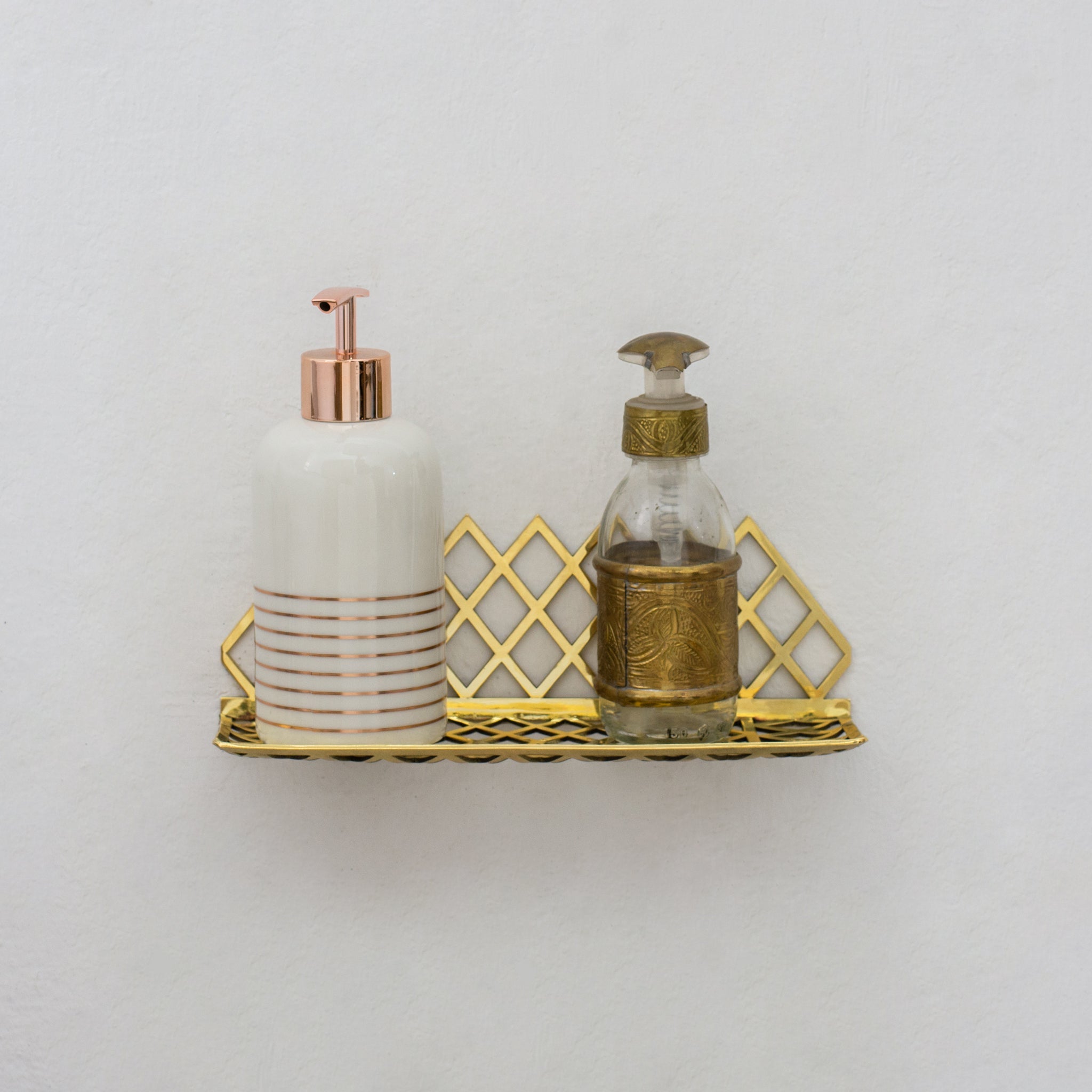 Unlacquered Brass Wall Shelf for Shower, Brass Floating Grid Shelf, Shower Draining Shelf - Insideast