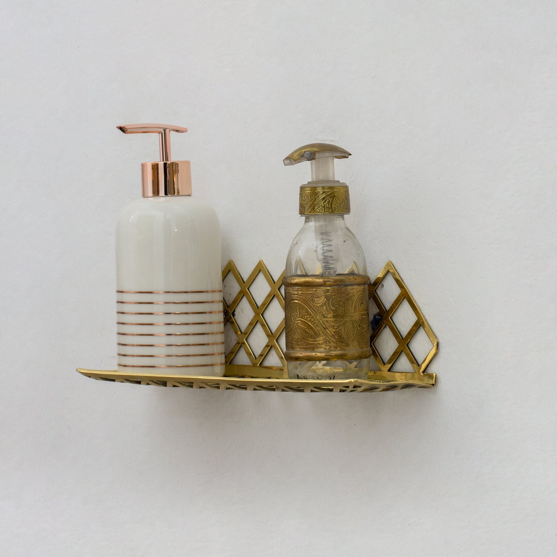 Unlacquered brass wall shelf for shower, floating grid shelf