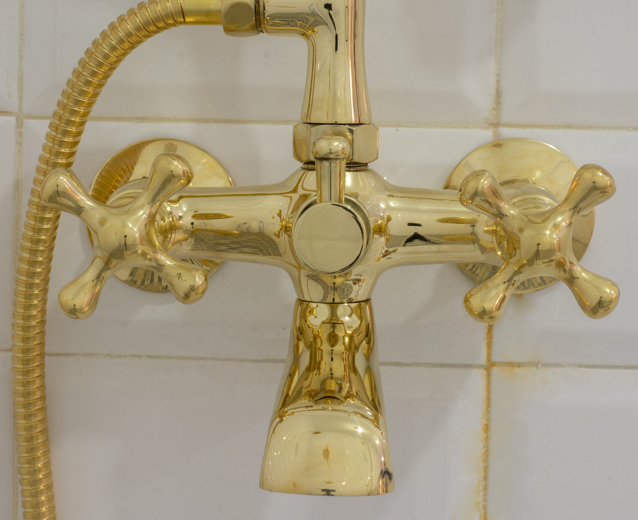 Unlacquered Solid Brass Telephone Tub Filler with Handheld - Insideast