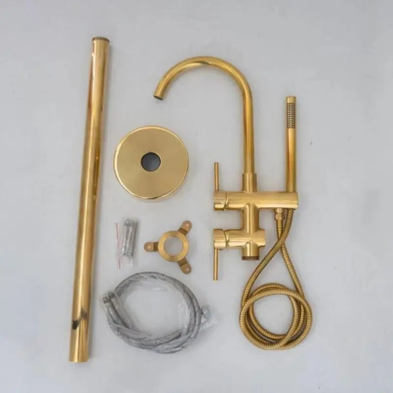 Unlacquered Solid Brass Tub Filler and Handheld Standing Two Outlets Bathtub Faucet - Insideast