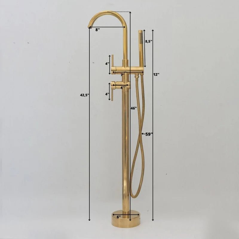 Unlacquered Solid Brass Tub Filler and Handheld Standing Two Outlets Bathtub Faucet - Insideast