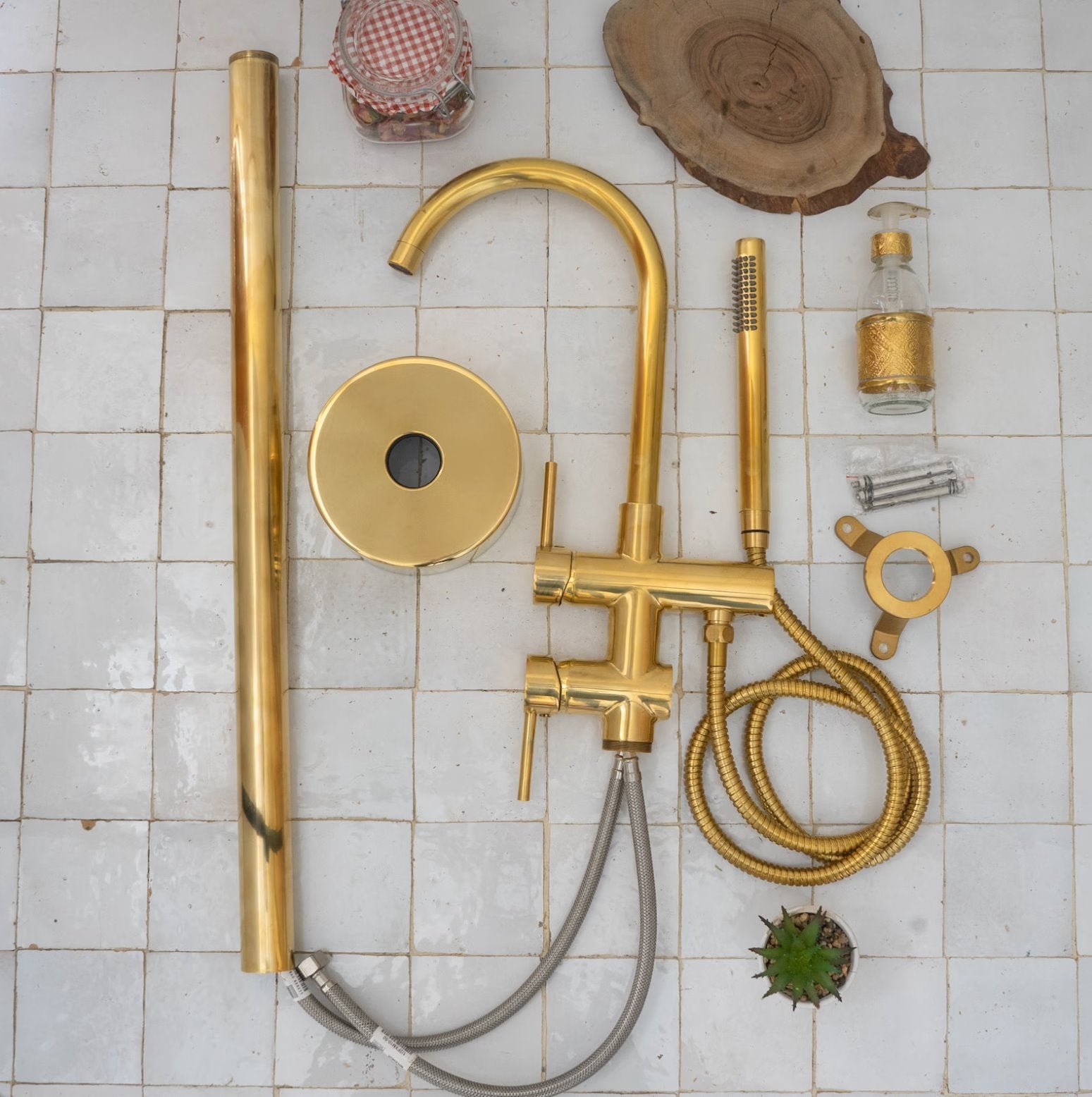 Unlacquered Solid Brass Tub Filler and Handheld Standing Two Outlets Bathtub Faucet