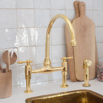 Load image into Gallery viewer, Vintage 8&quot; Unlacquered Brass Bridge faucet, Kitchen Sink Faucet, Lever Handles
