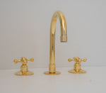 Load image into Gallery viewer, Widespread 3 Holes Solid Unlacquered Brass Faucet, Vanity Sink Faucet, Antique Brass Bathroom Faucet
