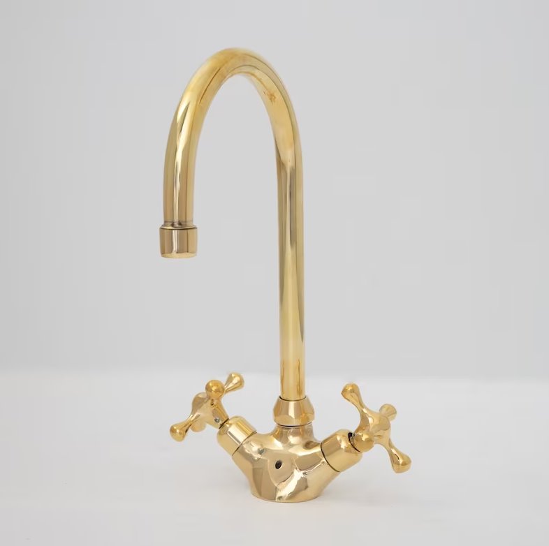 Brass Single Hole Bathroom Faucet - Antique Brass Bathroom Faucet -Gooseneck Bathroom Vanity Solid Brass Faucet, Unlacquered Brass with Cross Handles & Aerator
