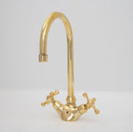 Load image into Gallery viewer, Brass Single Hole Bathroom Faucet - Antique Brass Bathroom Faucet -Gooseneck Bathroom Vanity Solid Brass Faucet, Unlacquered Brass with Cross Handles &amp; Aerator
