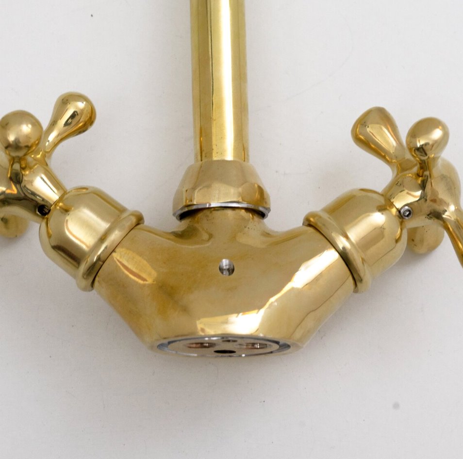 Brass Single Hole Bathroom Faucet - Antique Brass Bathroom Faucet -Gooseneck Bathroom Vanity Solid Brass Faucet, Unlacquered Brass with Cross Handles & Aerator