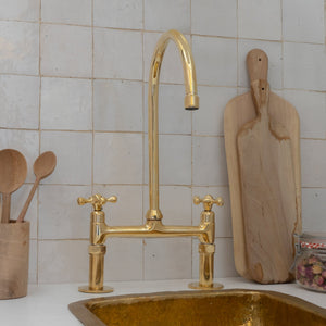Unlacquered Brass Bridge Kitchen Faucet, 8" spread, straight legs VSB02