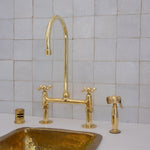 Load image into Gallery viewer, Unlacquered Brass Bridge Kitchen Faucet, 8&quot; spread, straight legs VSB02
