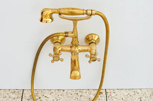Unlacquered Brass faucet - Bathtub Tub Filler and shower system with lever handle ,Wall mounted faucet, Telephone Tub Filler