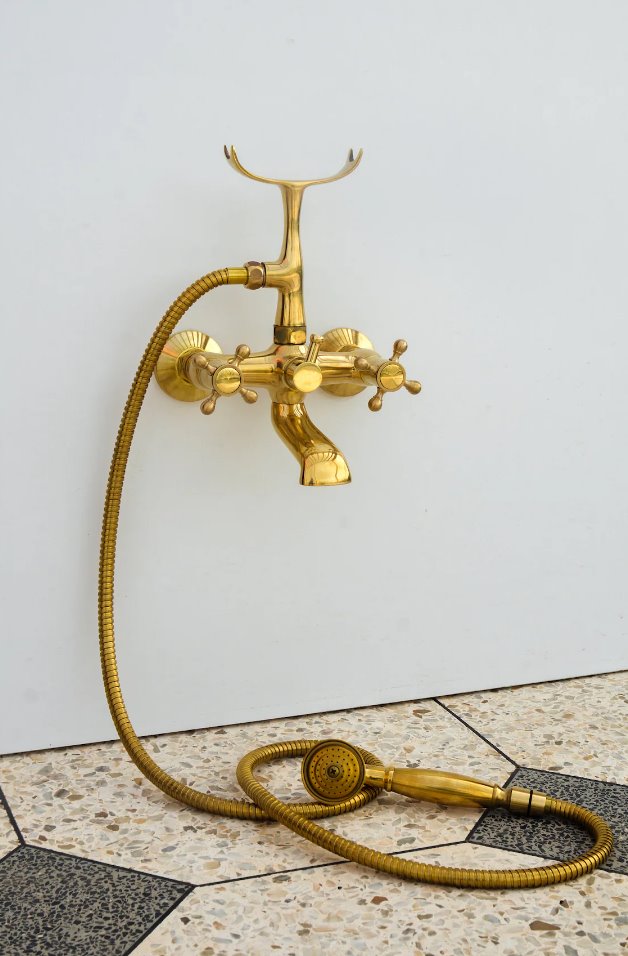 Unlacquered Brass faucet - Bathtub Tub Filler and shower system with lever handle ,Wall mounted faucet, Telephone Tub Filler