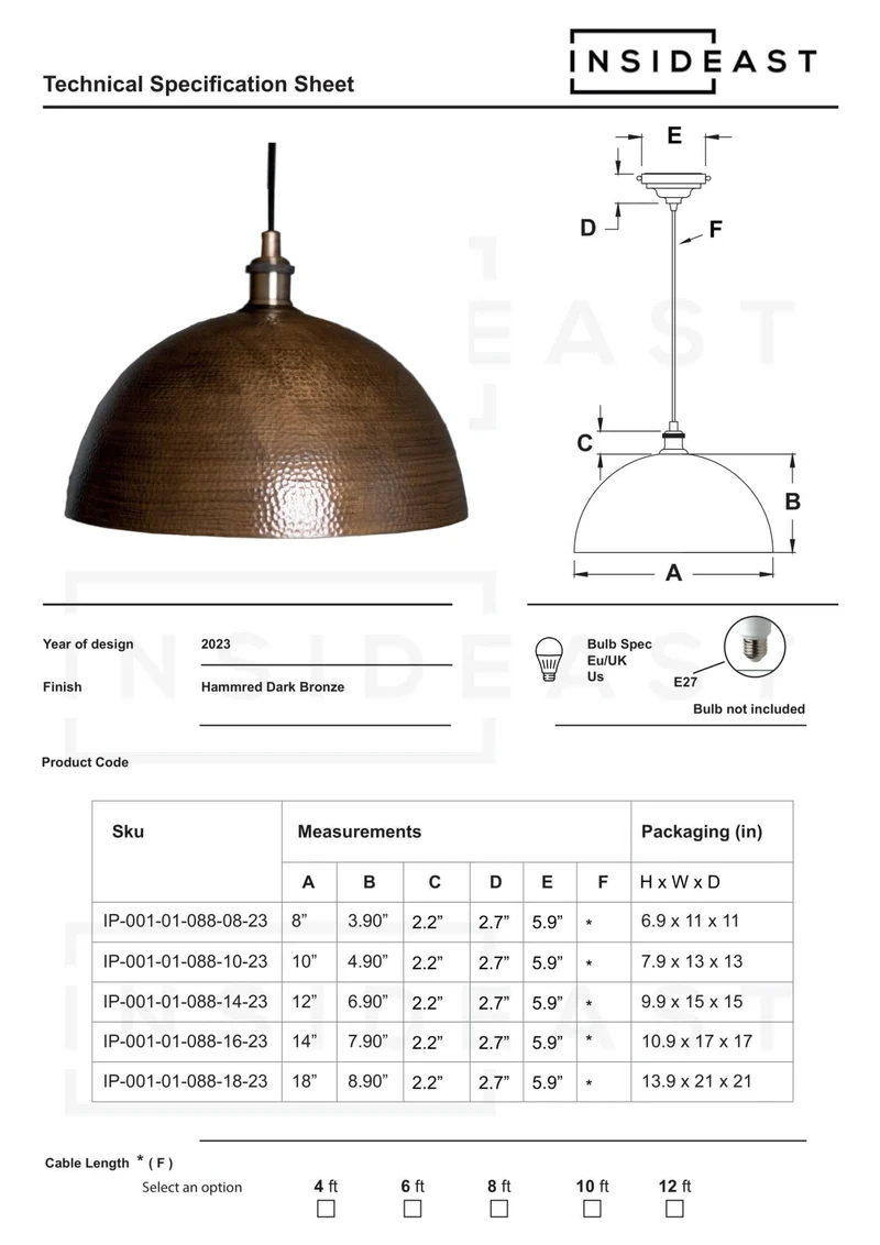 Antique Brass Hammered Dome Pendant Light