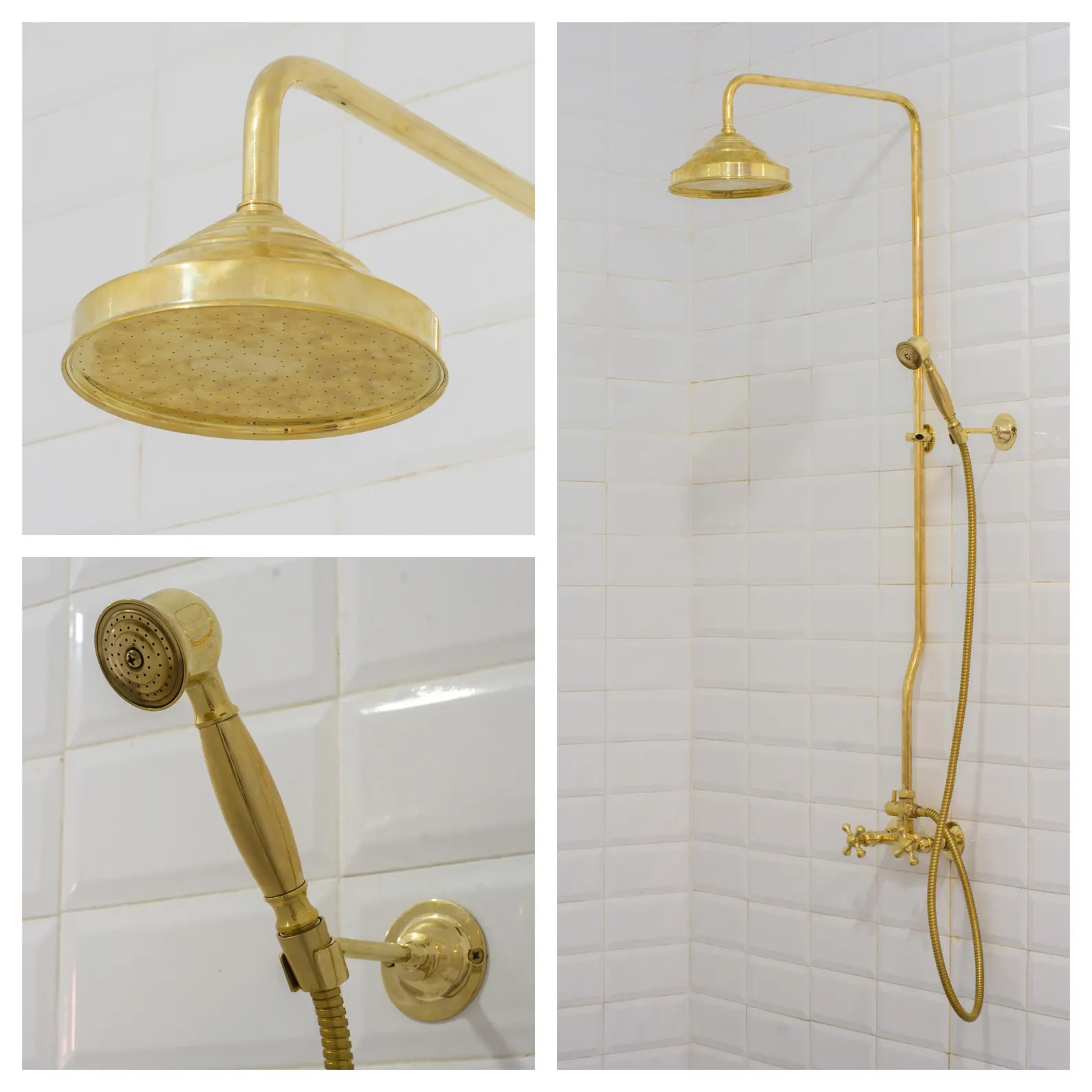 Unlacquered Brass Shower System, Handheld Shower And Shower Head Combo, Exposed Pipe